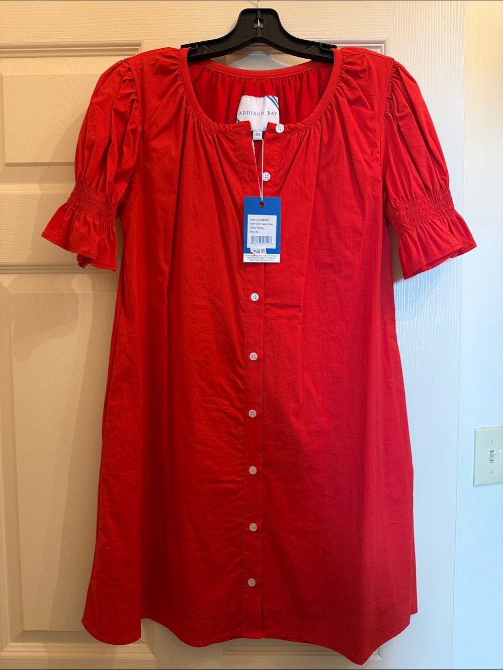 Addison Bay Red Button-Front Midi Dress with Puff Sleeves
